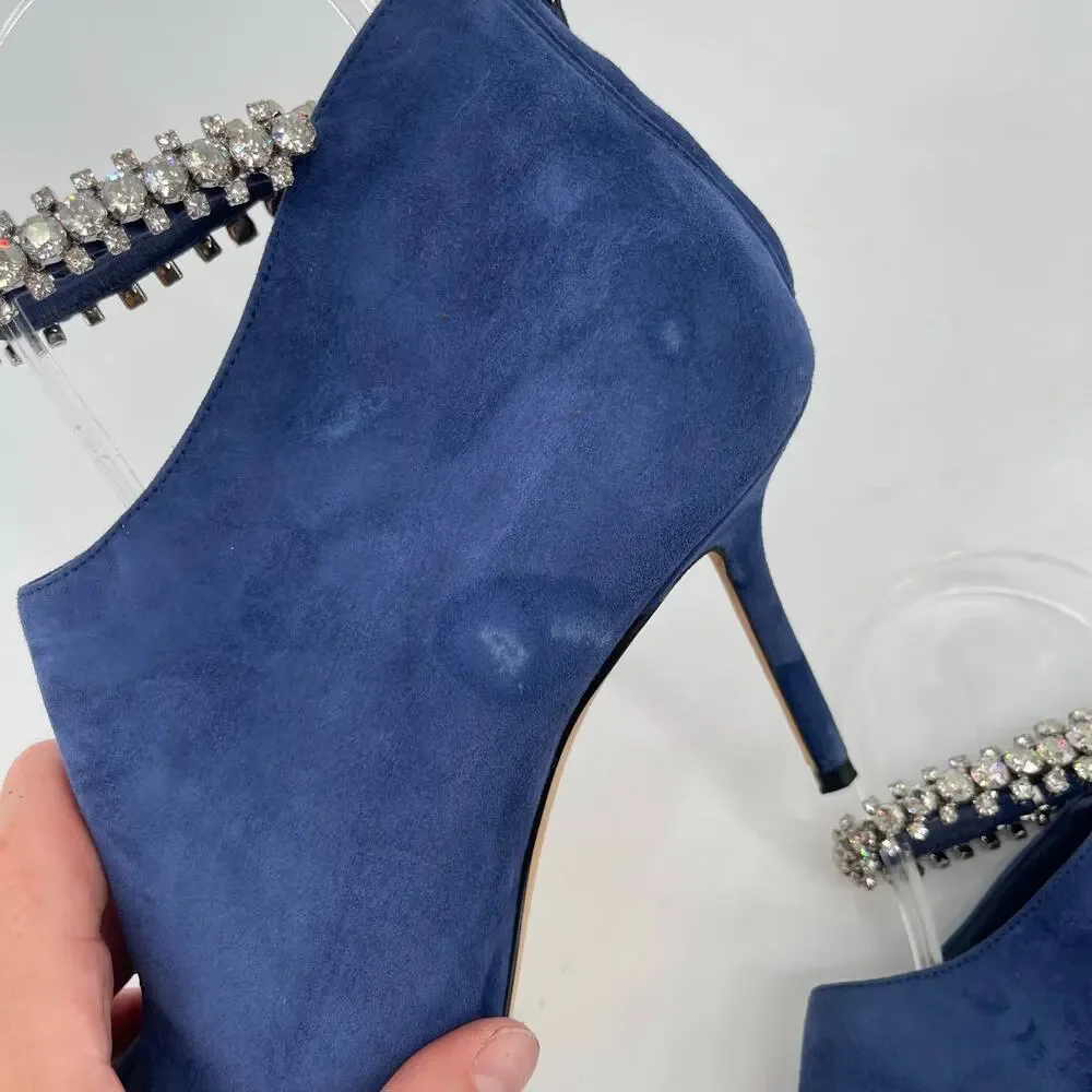 Jimmy Choo Blaize 100 Navy Blue Suede Ankle Bootie Crystal Strap size IT 37